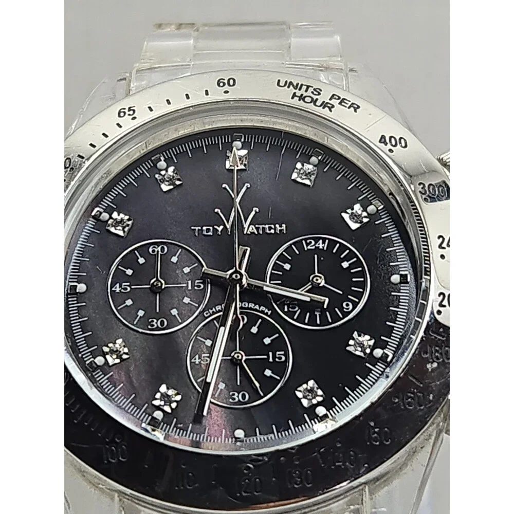 ToyWatch Unisex Black Mother Of Pearl Chronograph Clear Watch New Battery